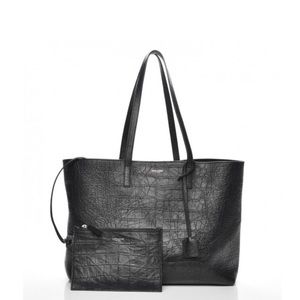 SAINT LAURENT YSL CROCODILE EMBOSSED BLACK LEATHER SHOPPING TOTE BAG LARGE
